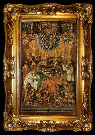 framed  Master Francke Central panel of inner wings in Barbara-altar, depicting death of Virgin Mary. Oak wood relief painted with thick layer of oil paint in 17th century c, ta009-2
